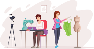 Fashion designer sewing dress in front of camera